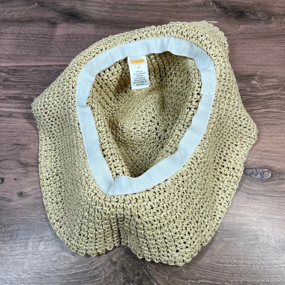 Gymboree Floppy Sun Hat Kids Beige Red Ribbon Bow Woven Straw Wide Brim M